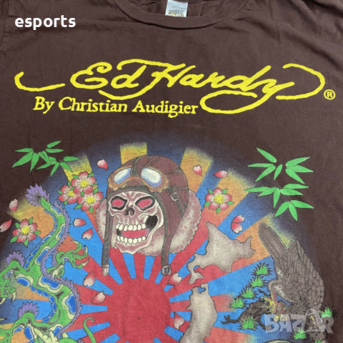 Мъжка тениска Ed Hardy by Christian Audigier tattoo print кафява S, снимка 4 - Тениски - 25986455