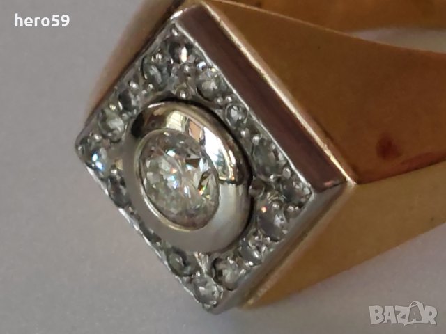 Мъжки златен пръстен 585 проба и брилянт 0.6 катата+16 диаманти           малки брилянта, снимка 1 - Пръстени - 35474808