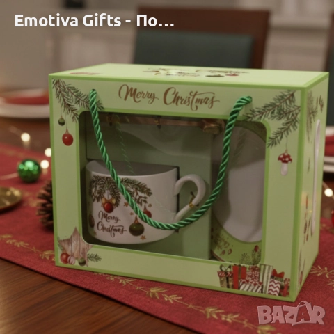 Коледен подаръчен комплект – керамична чаша с лъжичка и чинийка