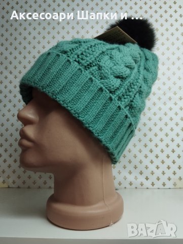Дамска плетена шапка с естествен косъм лукс- мпш39, снимка 1 - Шапки - 43302159