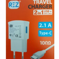Мрежово зарядно устройство REZ, модел RE-10, 2.1 A, 2 в 1 USB+Data cable+Кабел Type-C, снимка 1 - Оригинални зарядни - 28101814