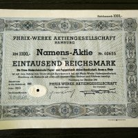 Акция | 1000 райх марки | Phrix-Werke AG Hamburg | 1941г., снимка 1 - Други ценни предмети - 43802535