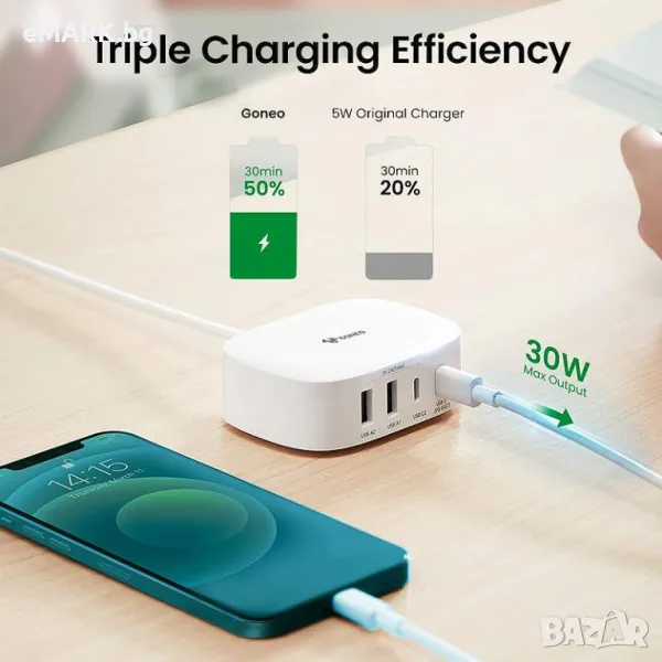 Бързо зарядно устройство с 2 USB и 2 TYPE-C изхода и мощност от 35 W съвместимо с различни устройств, снимка 1