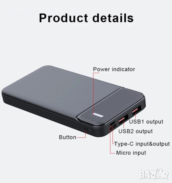 Преносима батерия Power Bank Q6 – 10000 mAh, Slim дизайн, USB-C / PD, снимка 1