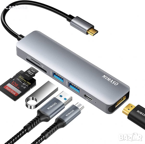 NIMASO USB C хъб, 7-в-1 към 4K HDMI, 2 USB 3.0 порта, SD/TF четец на карти, 60 W PD, съвместим с Mac, снимка 1
