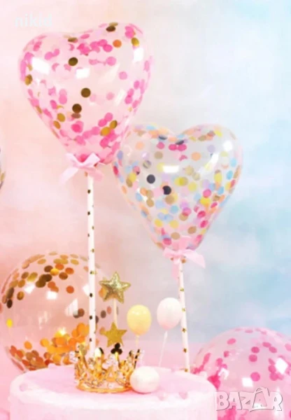 Сърце малък Прозрачен балон с конфети за парти тържество топер за торта украса, снимка 1