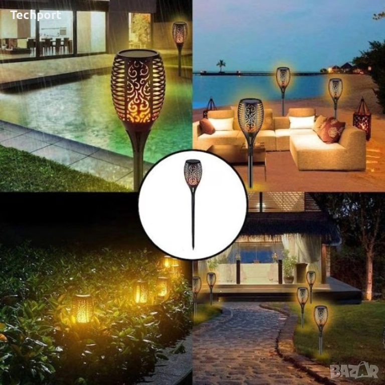 Соларна лампа – фенер тип факла с ефект на пламък за градина, тераса и двор, снимка 1