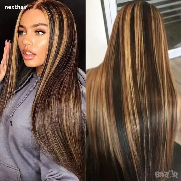 Черна права перука 80 см с руси кичури – Lace Front 13x6, снимка 1