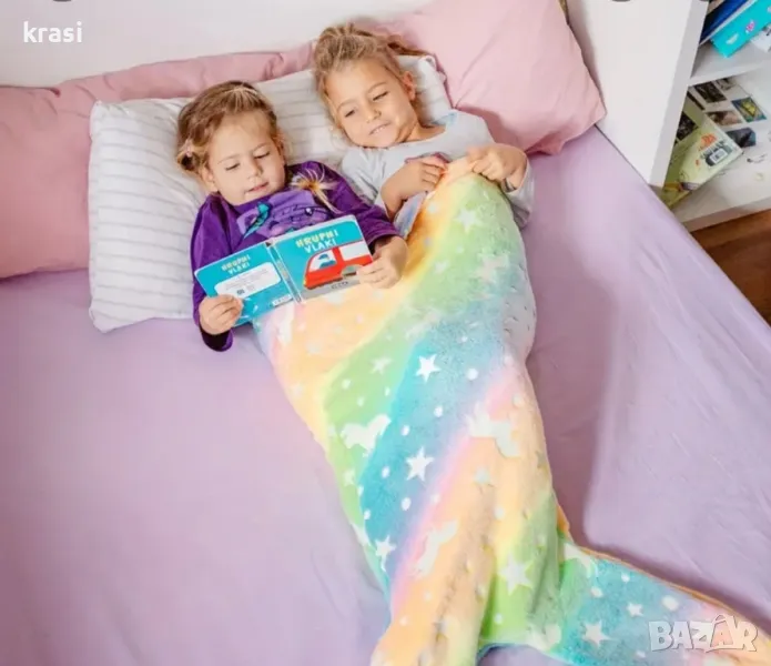 Топло Зимно Одеяло за Деца във Формата на Опашка на Русалка, СВЕТИ в тъмното, снимка 1