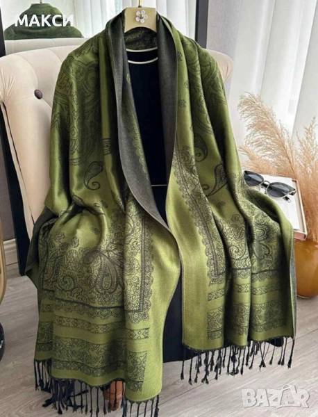 Елегантен жакардов широк дълъг шал с две лица и черни реснички в края - много мек и комфортен, снимка 1