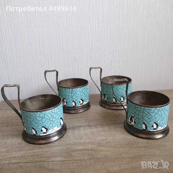 Подстакани за чаши с дизайн на пингвин, СССР, посребрени, снимка 1