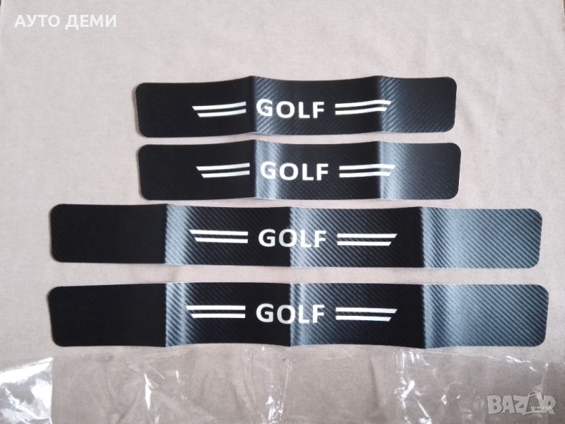 4 броя черен карбон стикери за прагове с бял надпис Голф Golf  за кола автомобил, снимка 1