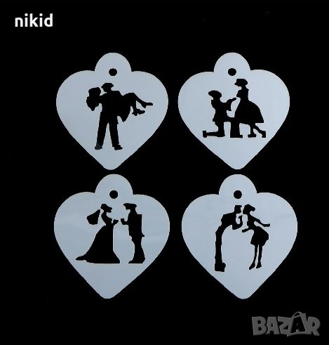 4 двойки младоженци малки стенсил шаблон спрей за бисквитки чаша украса кекс декорация пудра захар, снимка 1
