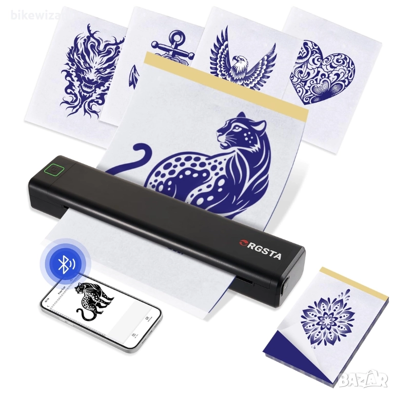 ORGSTA S008 Bluetooth принтер за шаблони за татуировки с 10 листа – безжичен НОВ, снимка 1
