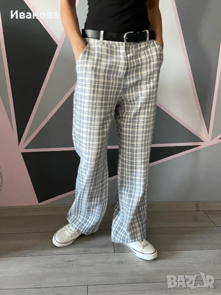 MOHITO панталон с широк крачол бял/бяло каре черно/черен , снимка 1