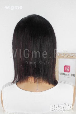 Черна перука от ЕСТЕСТВЕН косъм с тъмночервени кичури Селена, снимка 4 - Аксесоари за коса - 37787339