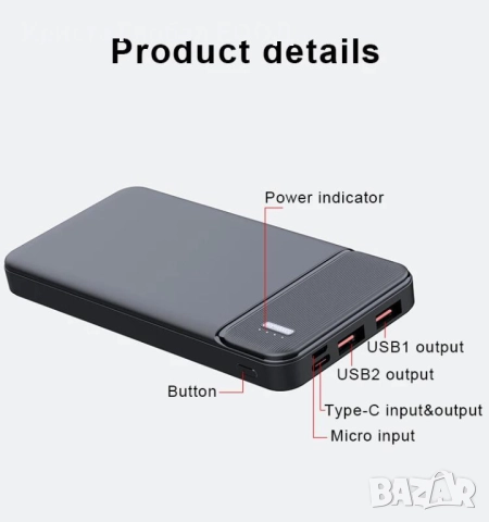 Преносима батерия Power Bank Q6 – 10000 mAh, Slim дизайн, USB-C / PD