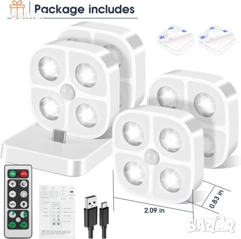 LADYSONS Вътрешни лампи със сензор за движение, безжични LED, 4 броя, снимка 7 - Лед осветление - 43307099