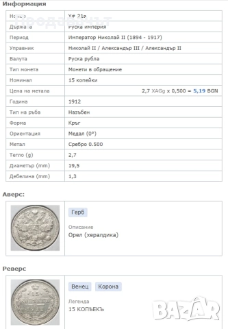 Сребро! 15 копейки 1912 г., Руска империя, снимка 3 - Нумизматика и бонистика - 52959114