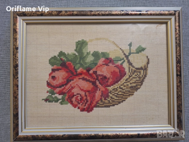 Гоблен рози в панер с рамка, снимка 2 - Гоблени - 52857868