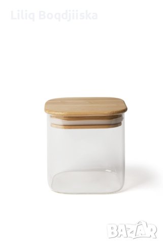 Квадратни стъклени буркани с дървени капачки, снимка 3 - Аксесоари за кухня - 43429841