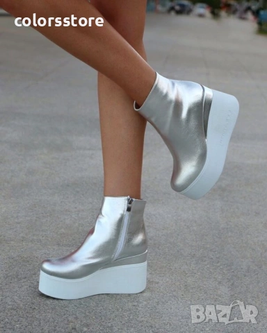Боти на платформа - сребриста кожа с бяло ходило - 130K 