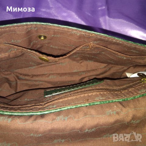 MING Тъмно зелена кожена чанта с кафяво, снимка 5 - Чанти - 34620765