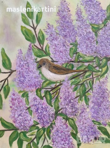 Люляк и птиченце маслена картина , снимка 2 - Картини - 39748408