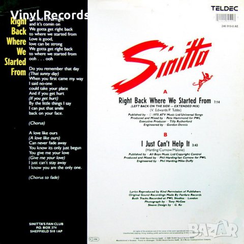 Sinitta ‎– Right Back Where We Started From ,Vinyl , 12",, снимка 2 - Грамофонни плочи - 33673908