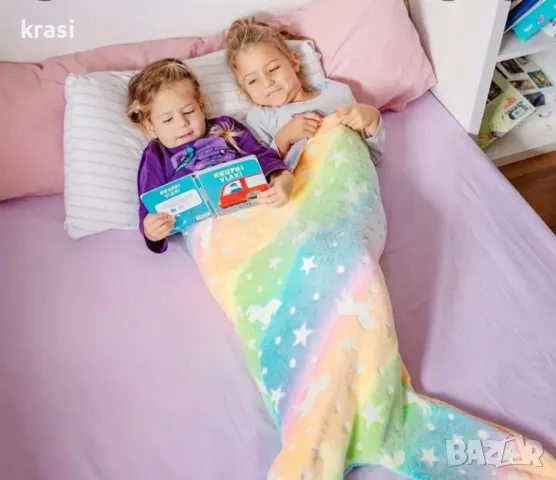 Топло Зимно Одеяло за Деца във Формата на Опашка на Русалка, СВЕТИ в тъмното