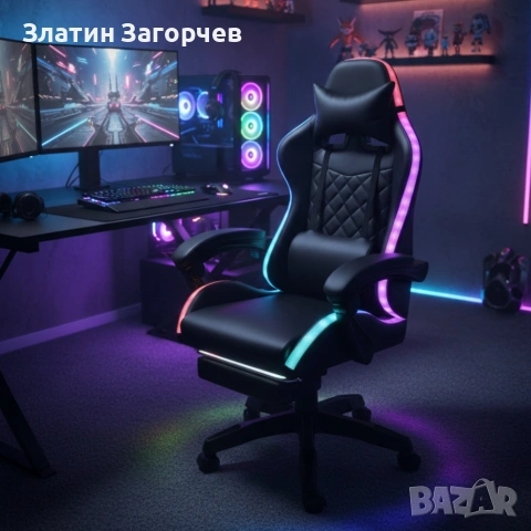 Черен геймърски стол с масаж, LED осветление и поставка за крака – ергономичен, с дистанционно