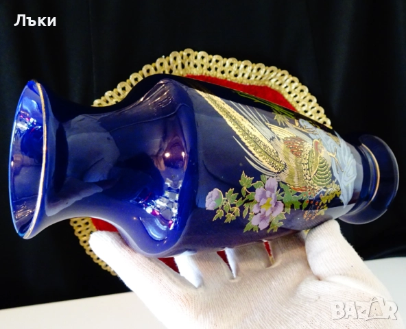 Японска порцеланова ваза,злато,фазани,кобалт. , снимка 6 - Вази - 52324979