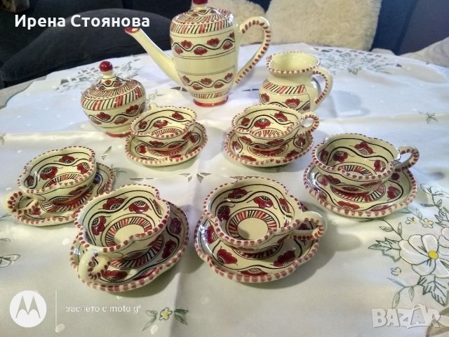 Италиански ръчно рисуван керамичен сервиз за кафе S.C.O Orvieto Italy. Интересен разчупен дизайн., снимка 5 - Антикварни и старинни предмети - 34663467