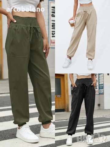Ежедневни дамски панталони с тъкани ластични връзки с висока талия, 3цвята - 023, снимка 1 - Панталони - 40780675