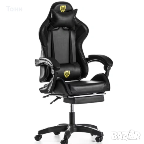 Черен геймърски стол с прибираща се поставка за крака – максимален комфорт при дълги часове игра, снимка 7 - Столове - 53240032