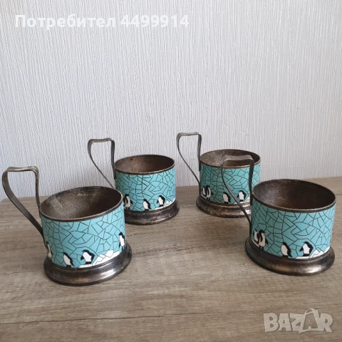 Подстакани за чаши с дизайн на пингвин, СССР, посребрени