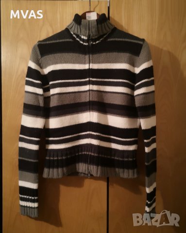 Дамски пуловер с цип поло М размер черно бяло сиво