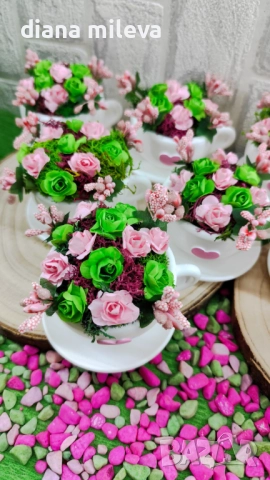 Сладурски чашки с нежни цветлета в зелено и розово!!, снимка 9 - Декорация за дома - 52069049