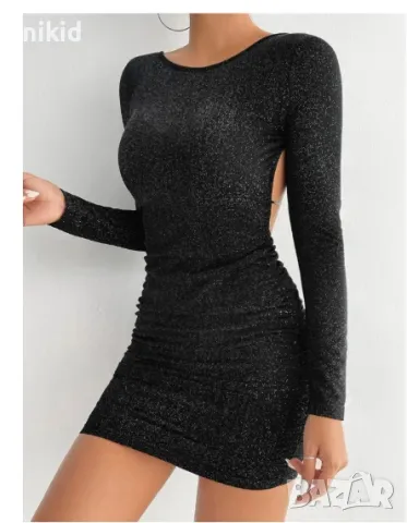 Дамска Черна елегантна рокля по тялото с гол гръб дълги ръкави брокат, снимка 2 - Рокли - 48090572