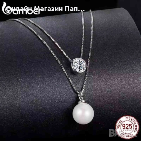 BAMOER Сребърно двойно колие с 0.5к диамант мойсанит и перла, снимка 6 - Колиета, медальони, синджири - 52897829