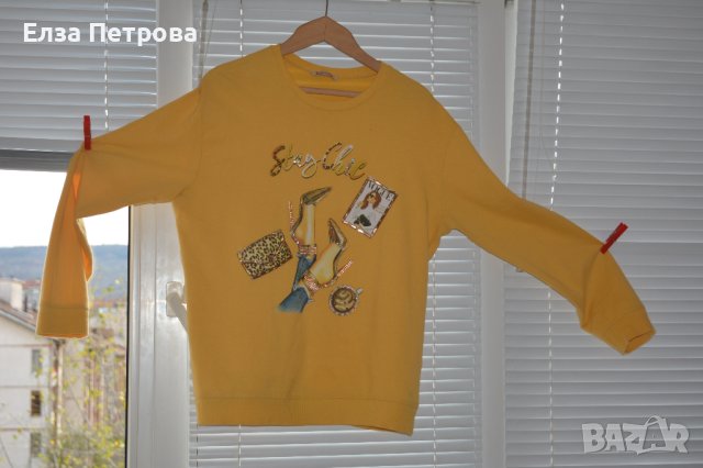 Есенна спортна жълта блуза с апликация и камъни, снимка 2 - Блузи с дълъг ръкав и пуловери - 43085584
