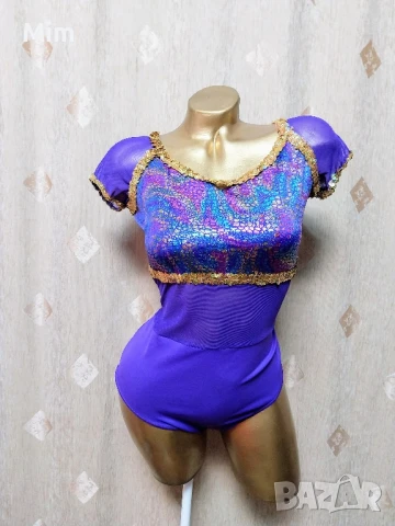 S/M Еластично лилаво боди с дълъг ръкав и боди с къс ръкав за спортни танци 