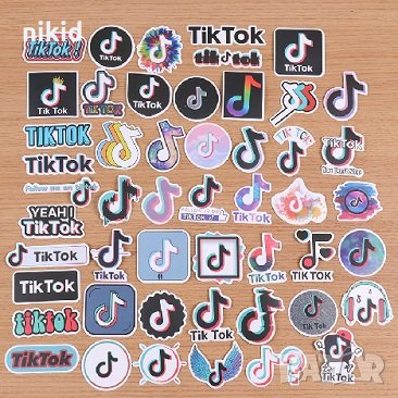 50 бр Tik Tok Тик Ток лого самозалепващи лепенки стикери за украса декор картонена торта, снимка 5 - Други - 30891306