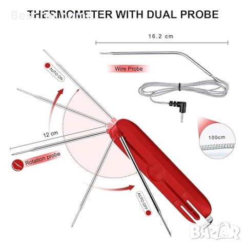 Цифров кухненски термометър за месо с 2 дълги сонди  и магнитен LCD дисплей, снимка 2 - Обзавеждане на кухня - 51804383