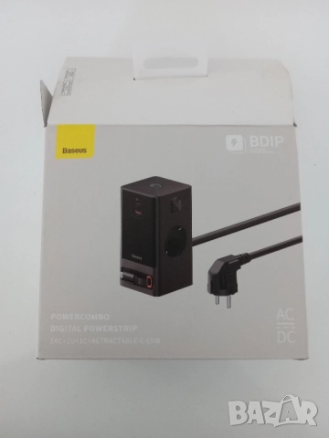 Baseus Power Combo удължител мрежово зарядно устройство, USB/USB-C, 2 гнезда, 65W, кабел 1.5м