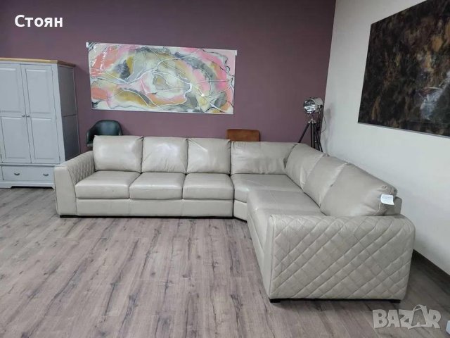 Голям кремав кожен ъглов диван "Mazzini", снимка 6 - Дивани и мека мебел - 43290060