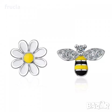 Асиметрични Сребърни Обеци Пчела и Цвете, снимка 5 - Обеци - 33578235