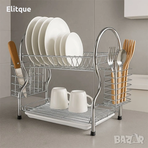 Двуетажен метален сушилник за съдове с отделение за прибори, снимка 3 - Други стоки за дома - 53126482