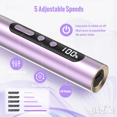 Безжична електрическа пила за нокти 13 в 1, 35000 об/мин, 5 скорости, виолетова, снимка 4 - Продукти за маникюр - 52736009