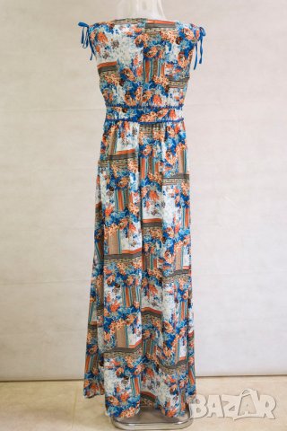Дълга рокля в сини, оранжеви и бели нюанси Missing Johnny - M, снимка 2 - Рокли - 43112140